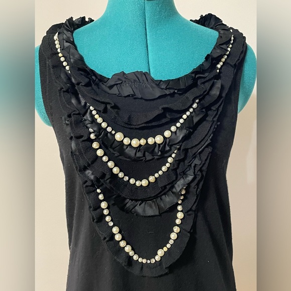 Nanette Lepore Merino Wool Black Ruffles/Beads/Rhinestones Mini Sweater Dress -S - Picture 2 of 10